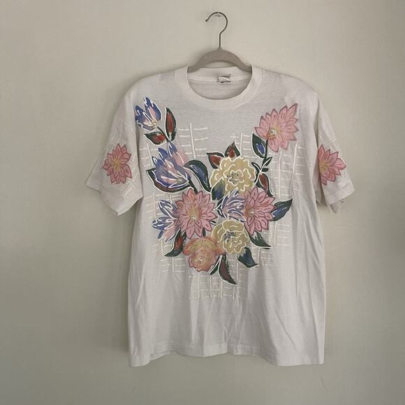 Vintage Hand Painted 1980s Grandmacore Textured T Shirt Floral Art to Wear - Picture 1 of 10